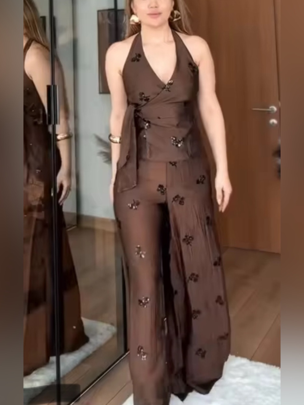 NEW $189 Jesina Brown Halter Wide-Leg Pant Set Jumpsuit with Tie Waist - Picture 4 of 5